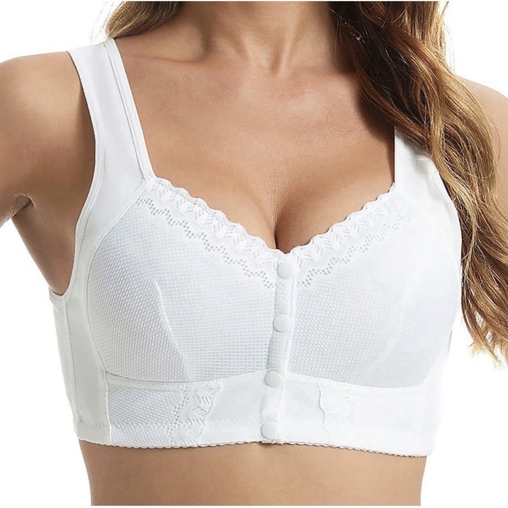 Womens Front Closure Bra Seniors Lace Wireless Lightly Padded 40 Medium White